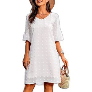 Women's Short Sleeve V-neck Dress Chiffon Swiss Dot Flowy Dress (46)